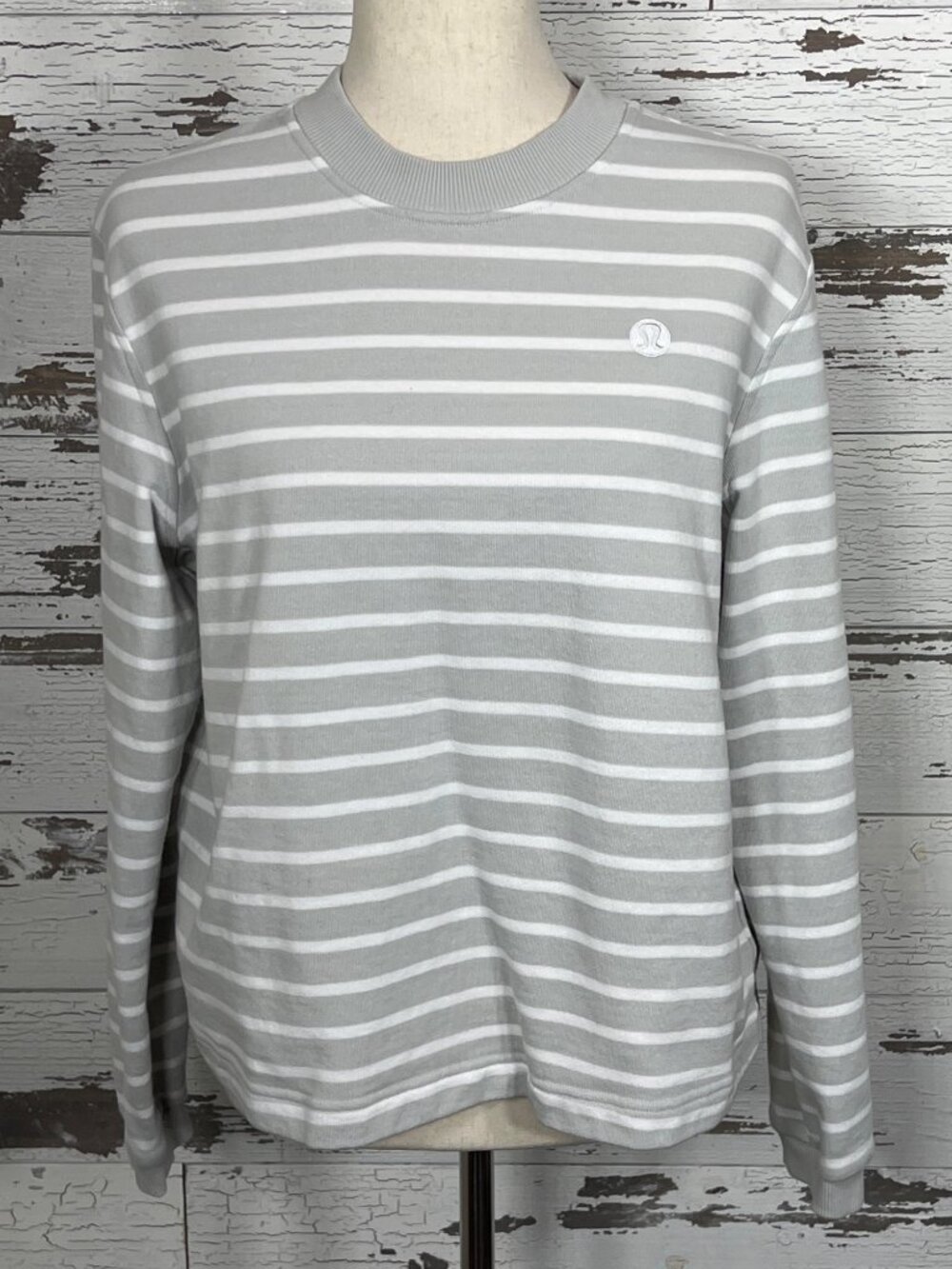 Lululemon French Terry Crew Neck Sweatshirt Light Gray White Stripe Sz 8 EUC